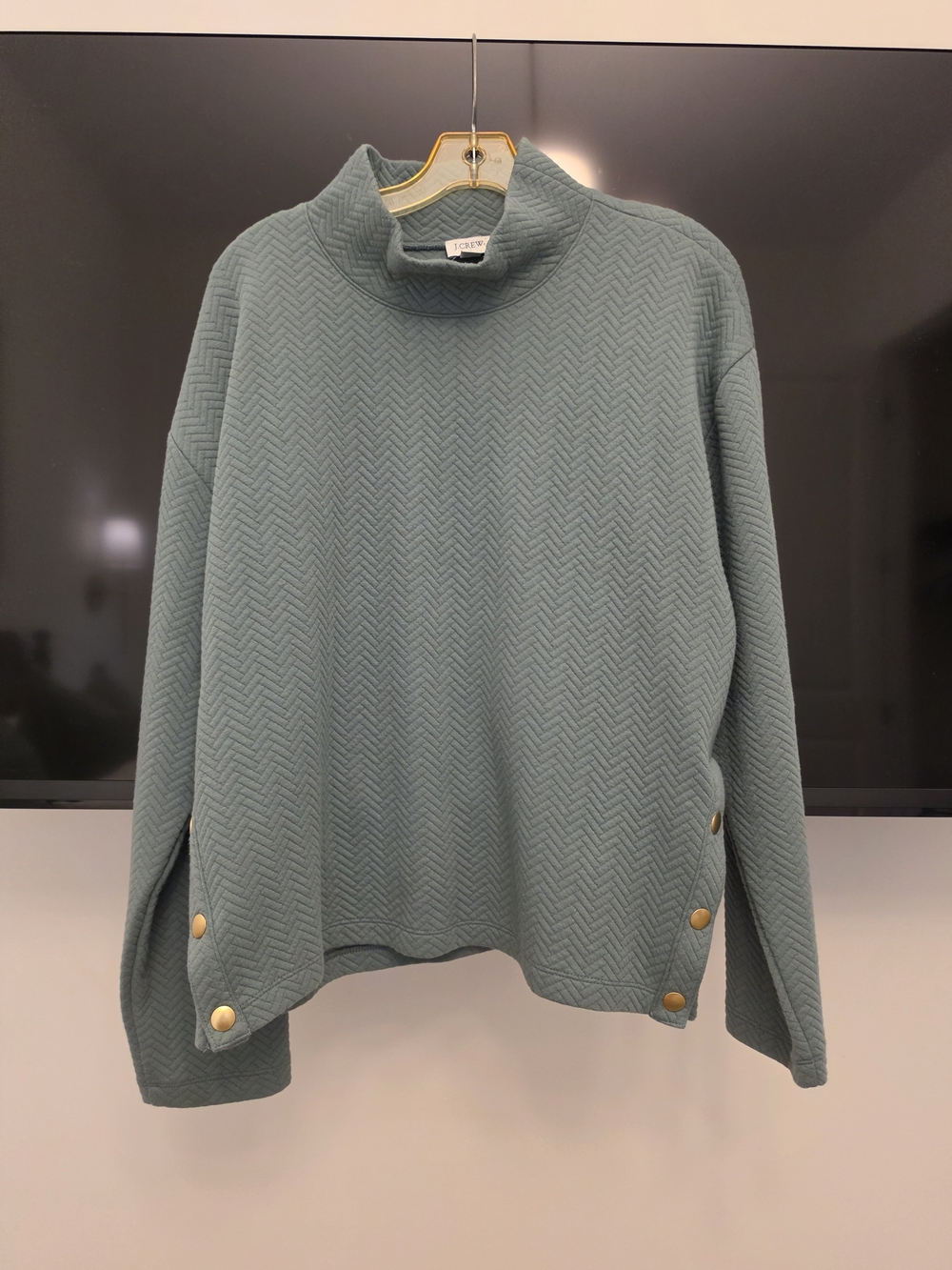 J. Crew Quartz Blue/Green Mock Neck Sweater with Gold Snap Buttons